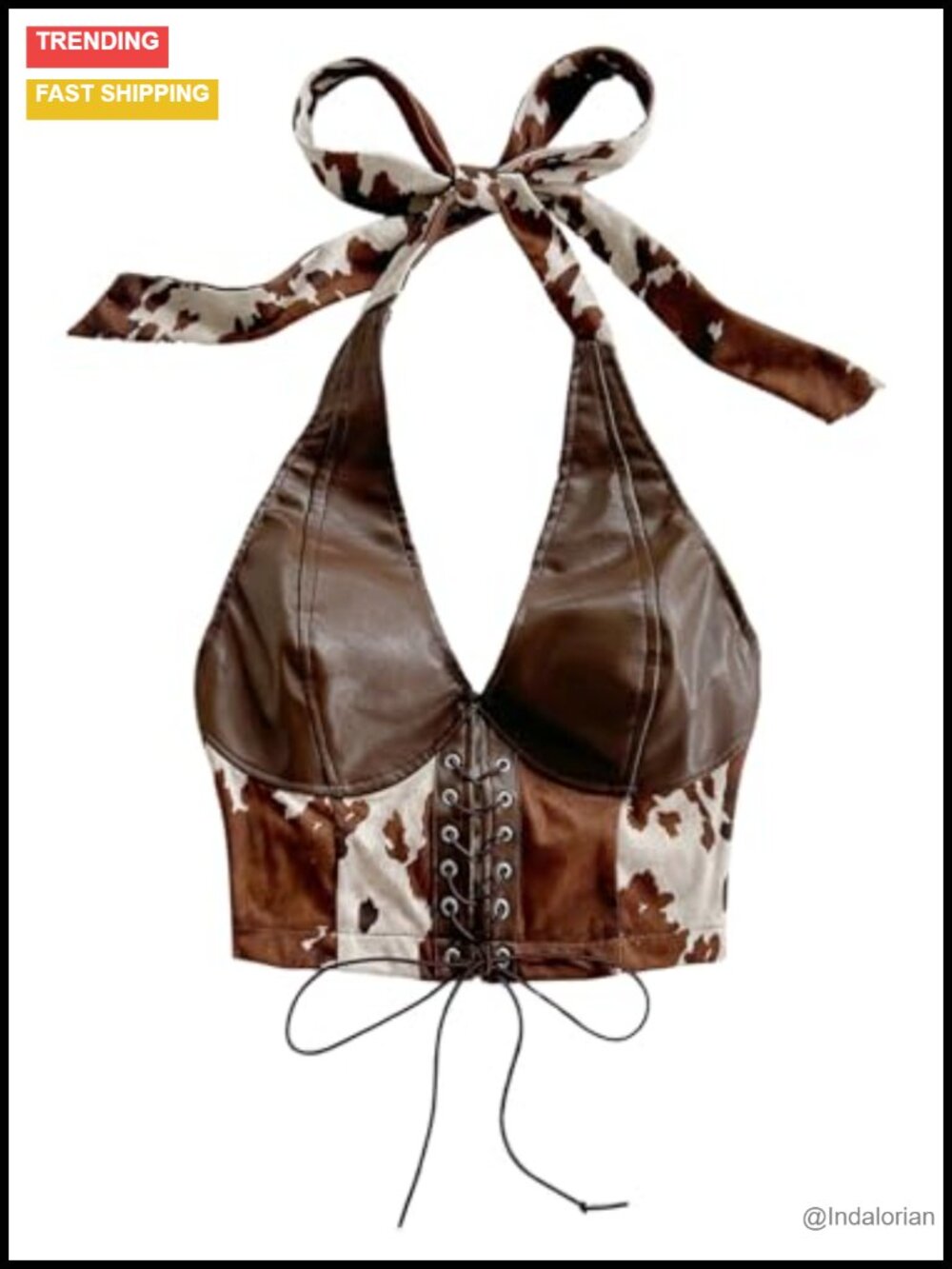 Faux Leather Cow Print Halter Crop Top Backless Tank for Women